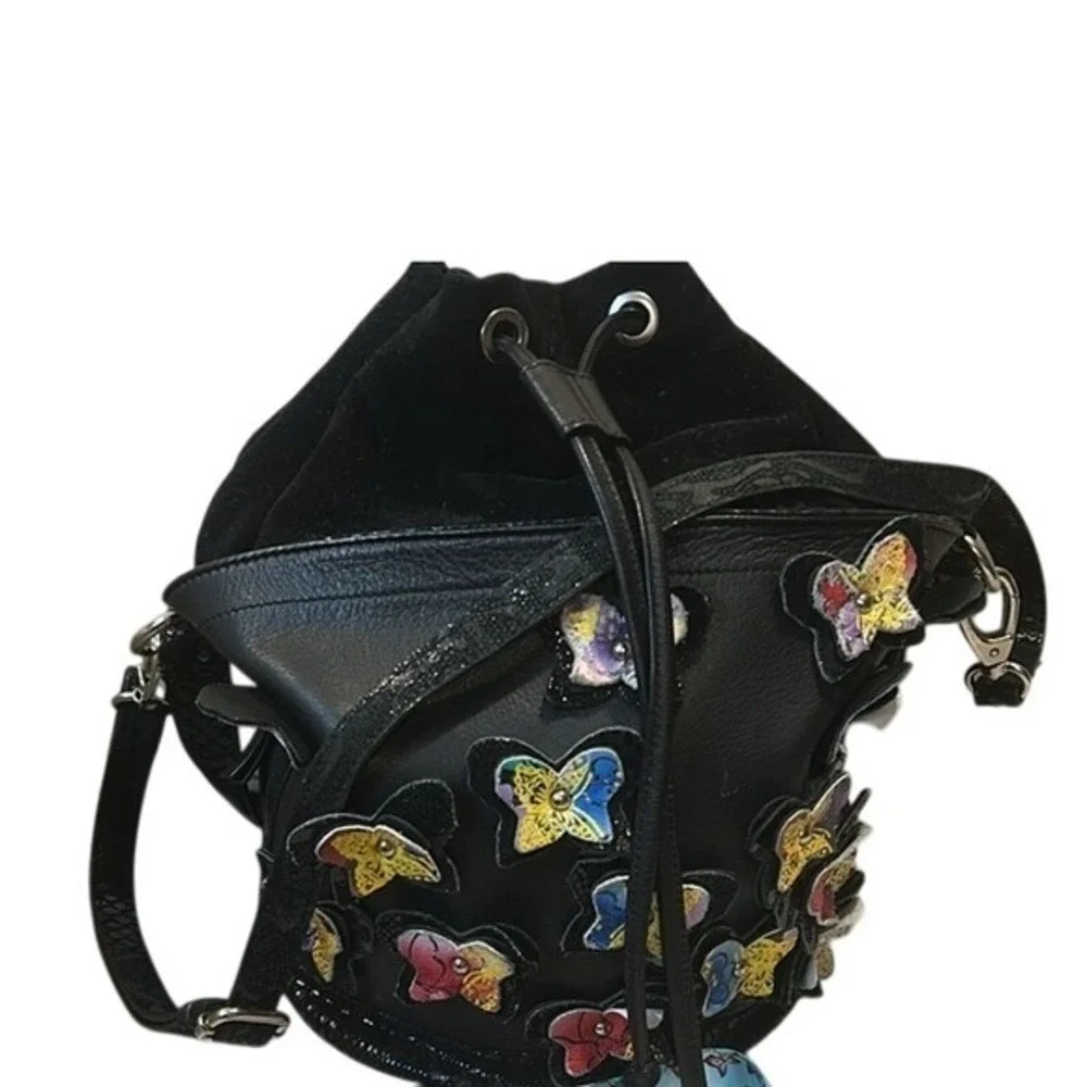 Sharif 1827 Black Leather Suede Butterfly Bucket Bag Crossbody New York Design